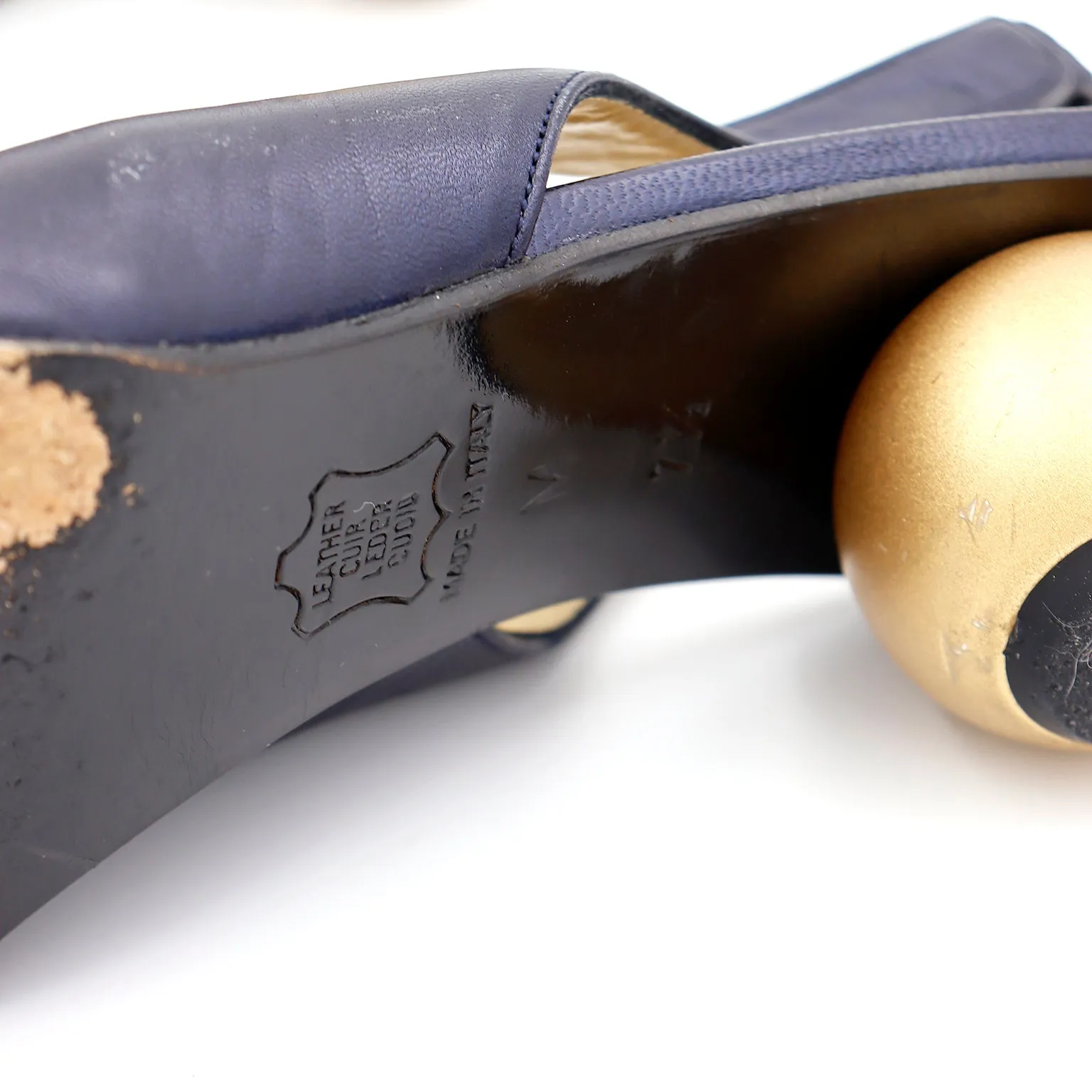 1980s Yves Saint Laurent Shoes Navy Blue Slingbacks With Gold Ball Heels