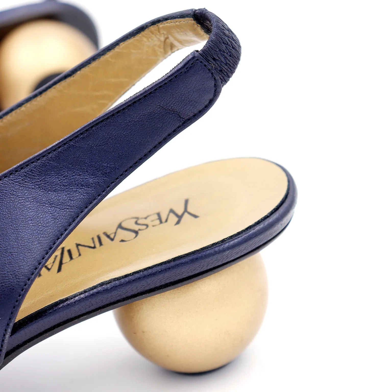 1980s Yves Saint Laurent Shoes Navy Blue Slingbacks With Gold Ball Heels