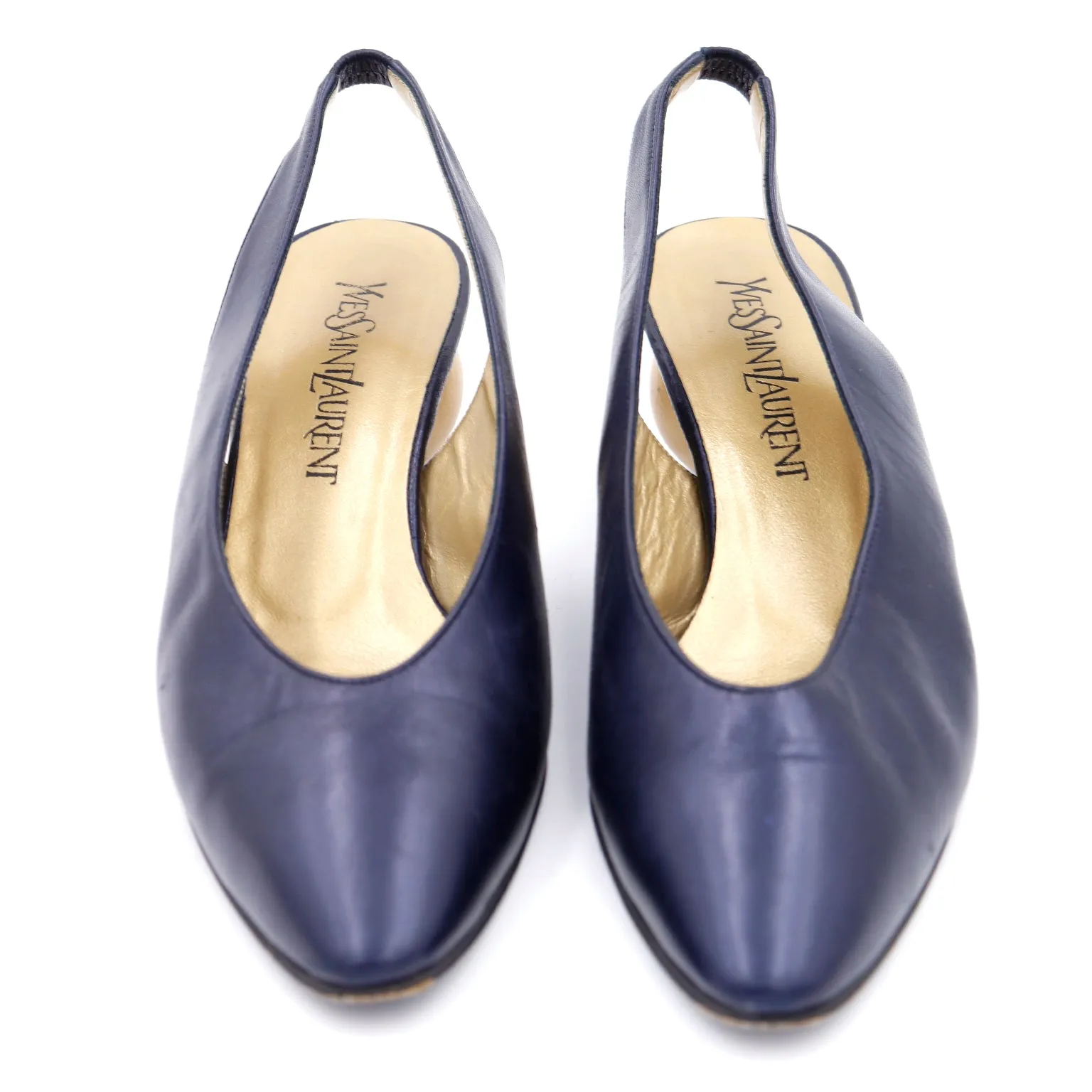 1980s Yves Saint Laurent Shoes Navy Blue Slingbacks With Gold Ball Heels