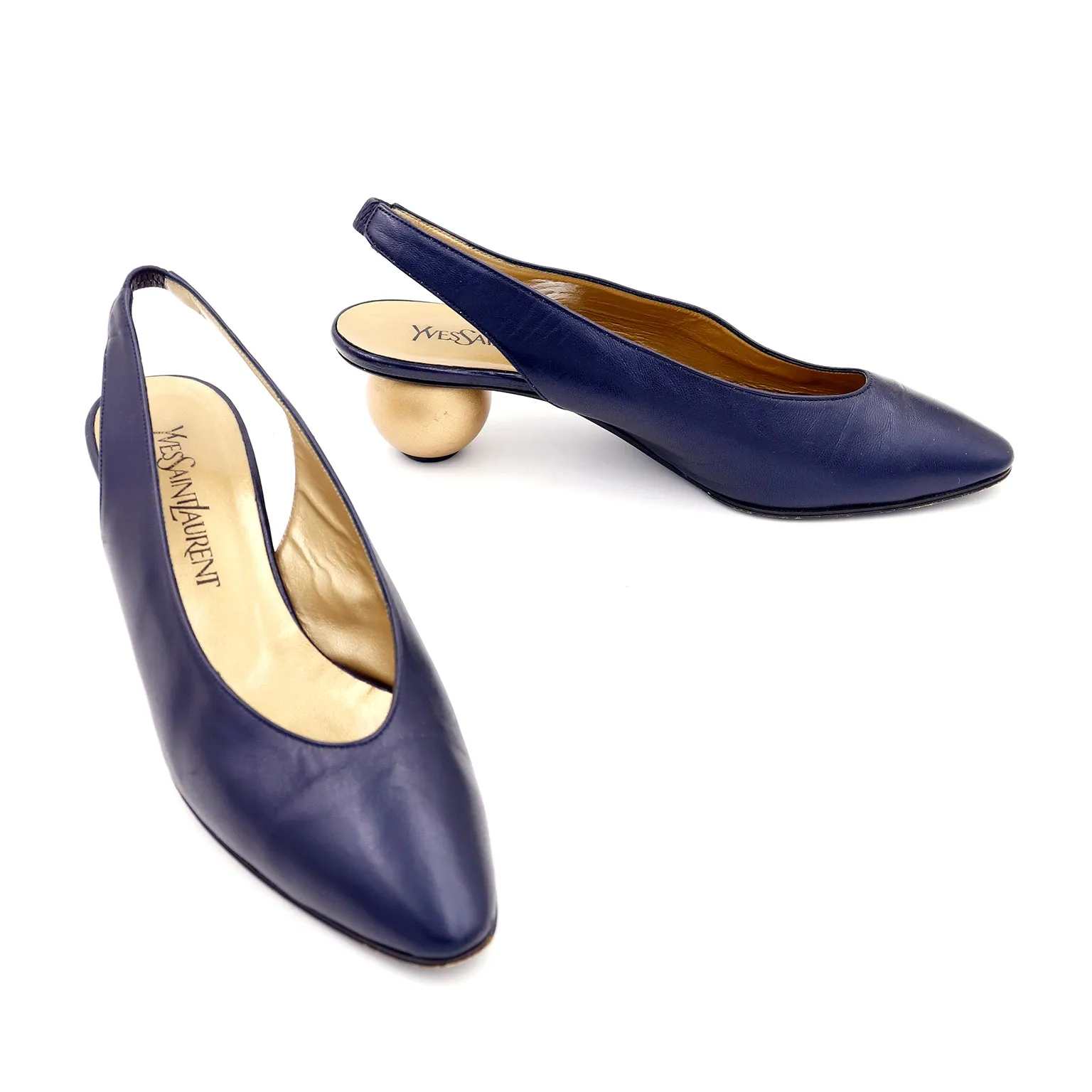 1980s Yves Saint Laurent Shoes Navy Blue Slingbacks With Gold Ball Heels