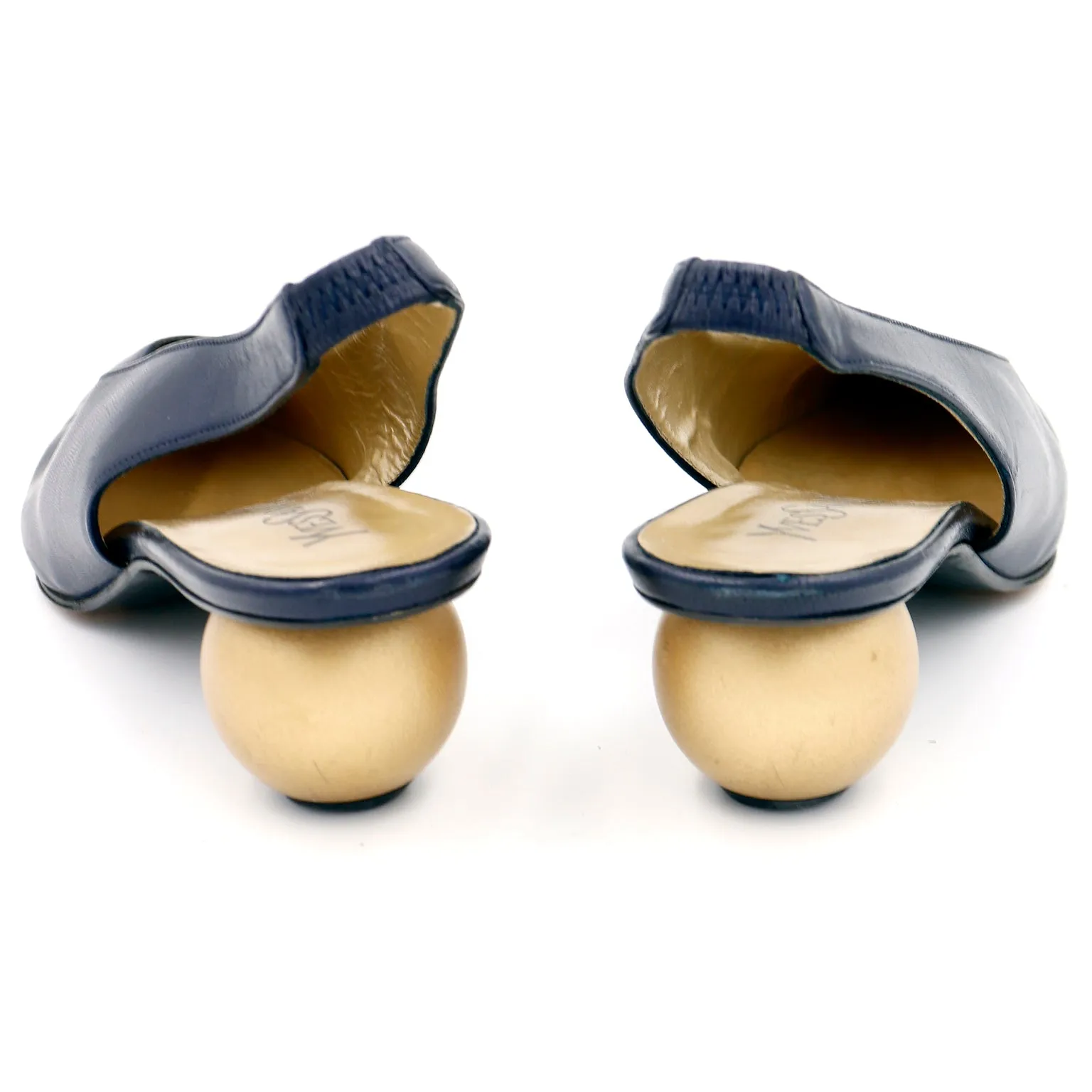 1980s Yves Saint Laurent Shoes Navy Blue Slingbacks With Gold Ball Heels