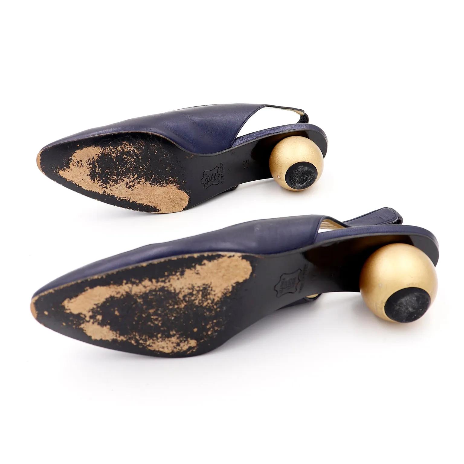 1980s Yves Saint Laurent Shoes Navy Blue Slingbacks With Gold Ball Heels