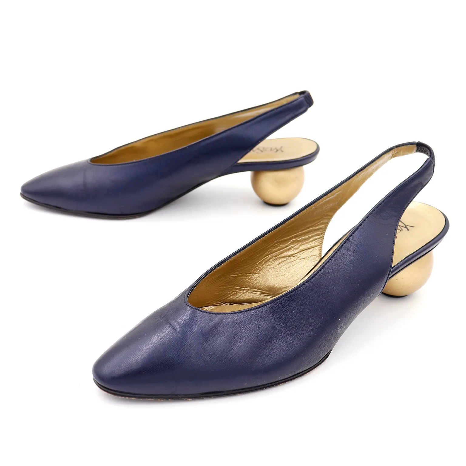 1980s Yves Saint Laurent Shoes Navy Blue Slingbacks With Gold Ball Heels